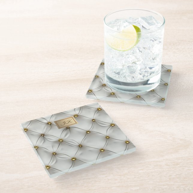Modern Elegant White Leather Tufted Gold Glass Coaster (Angled)