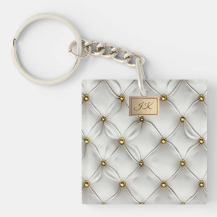 Modern Elegant White Leather Tufted Gold Keychain