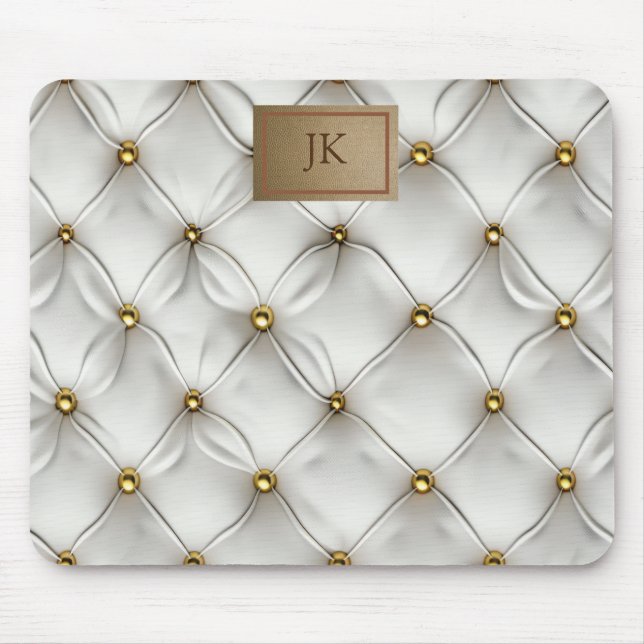 Modern Elegant White Leather Tufted Gold Mouse Pad (Front)