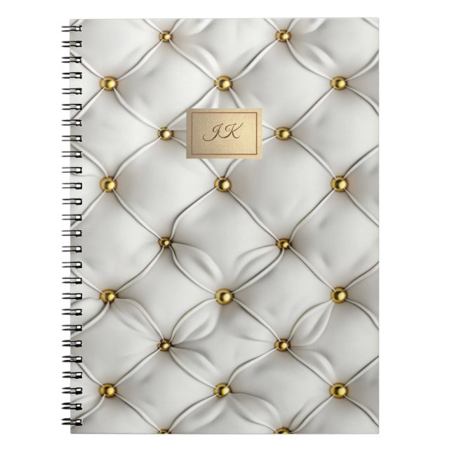 Modern Elegant White Leather Tufted Gold Notebook (Front)