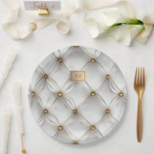 Modern Elegant White Leather Tufted Gold Paper Plate