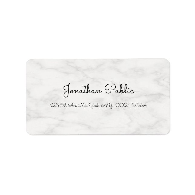 Modern Elegant White Marble Freehand Script Name Label (Front)