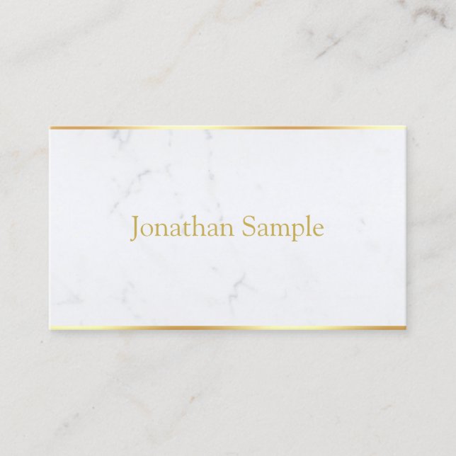 Modern Elegant White Marble Gold Text Template Business Card (Front)