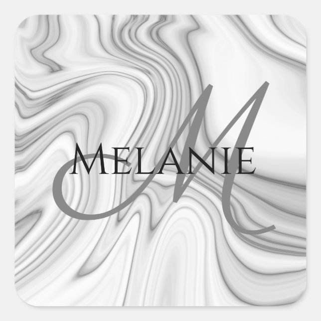 Modern Elegant White Marble Monogram Square Sticker (Front)