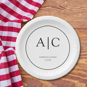 Modern Elegant White Monogram Wedding Round Paper Plate