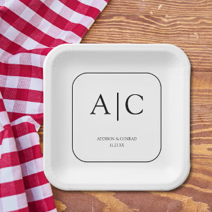 Modern Elegant White Monogram Wedding Square Paper Plate