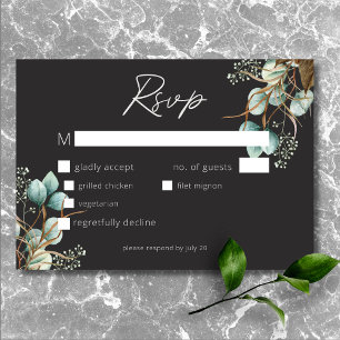 Modern Elegant White Peonies Black Wedding Dinner RSVP Card