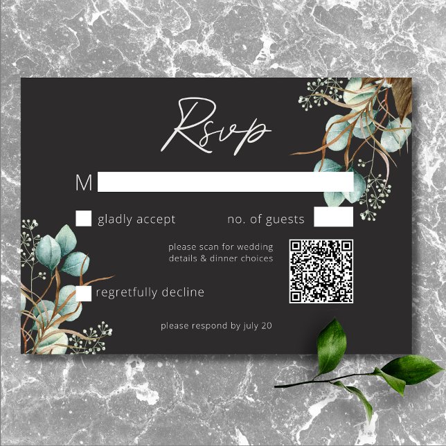 Modern Elegant White Peonies Black Wedding QR Code RSVP Card (Modern Elegant White Peonies Black Wedding QR Code RSVP Card)