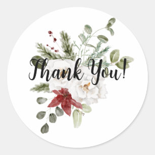 Modern Elegant White Red Green Floral Watercolor Classic Round Sticker
