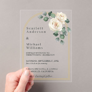 Modern Elegant White Rose & Golden Arch Wedding Acrylic Invitations