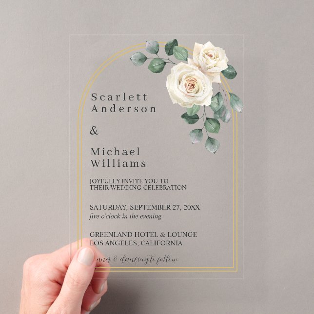 Modern Elegant White Rose & Golden Arch Wedding Acrylic Invitations (Insitu (Handheld))