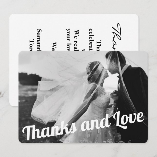 Modern Elegant White Script Wedding Photo Thank You Card (Front/Back)