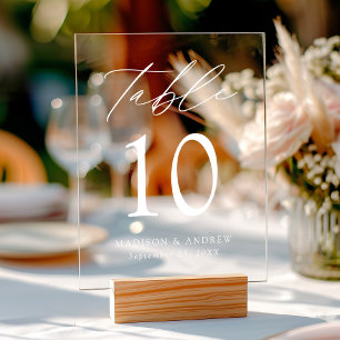 Modern Elegant White Script Wedding Table Number Acrylic Sign