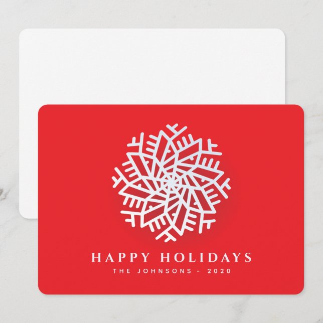 Modern Elegant White Snow Flake on Red Holiday Card (Front/Back)