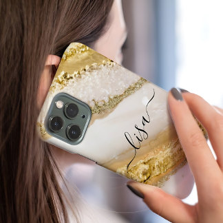 Modern Elegant WhiteGold Marble Personalized Name  iPhone 11 Case