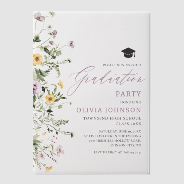 Modern Elegant Wildflower Graduation Party Vellum Invitations (Front)