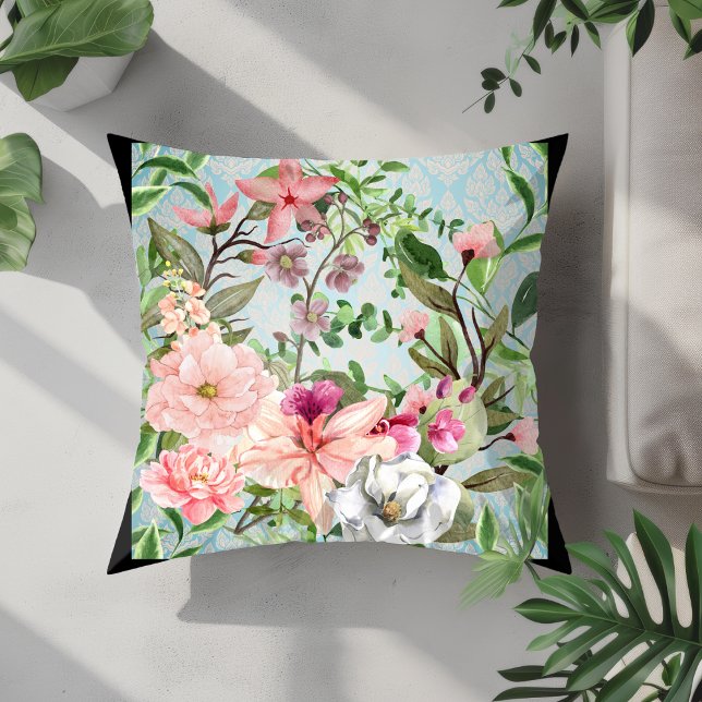Modern Elegant Wildflowers On Damask Background Throw Pillow (Creator Uploaded)