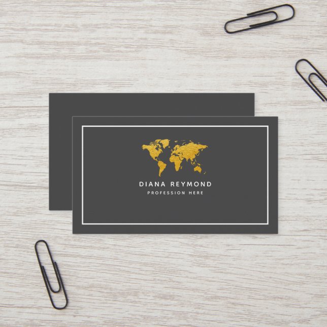Modern Elegant World Map Dark-Gray Business Card (Front/Back In Situ)
