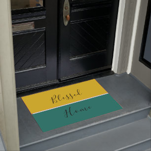 Modern Elegant Yellow Green Script Blessed Home Doormat