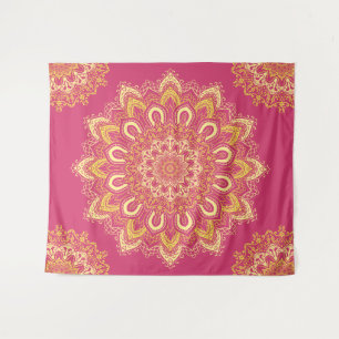 Modern Elegant Yellow Raspberry Pink Boho Mandala Tapestry