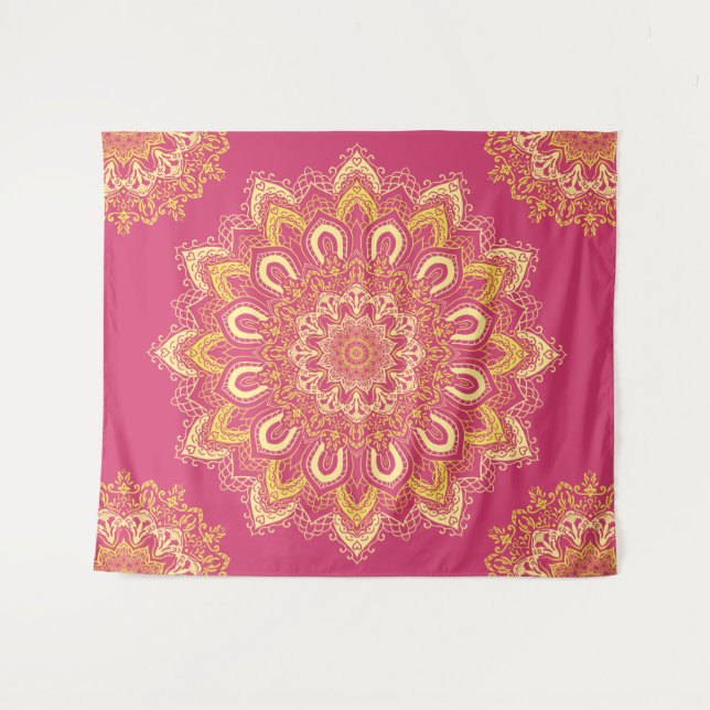Modern Elegant Yellow Raspberry Pink Boho Mandala Tapestry (Front (Horizontal))