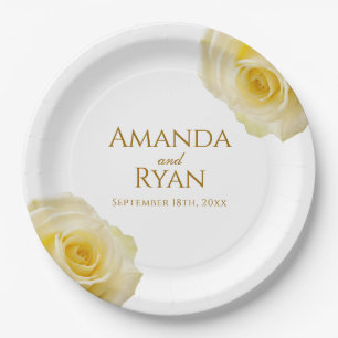 Modern Elegant Yellow Rose Floral Wedding Paper Plate
