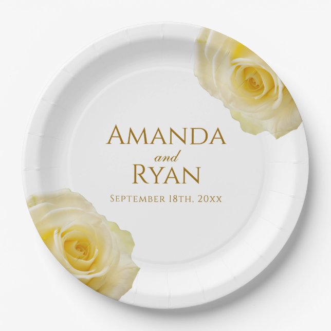 Modern Elegant Yellow Rose Floral Wedding Paper Plate (Front)