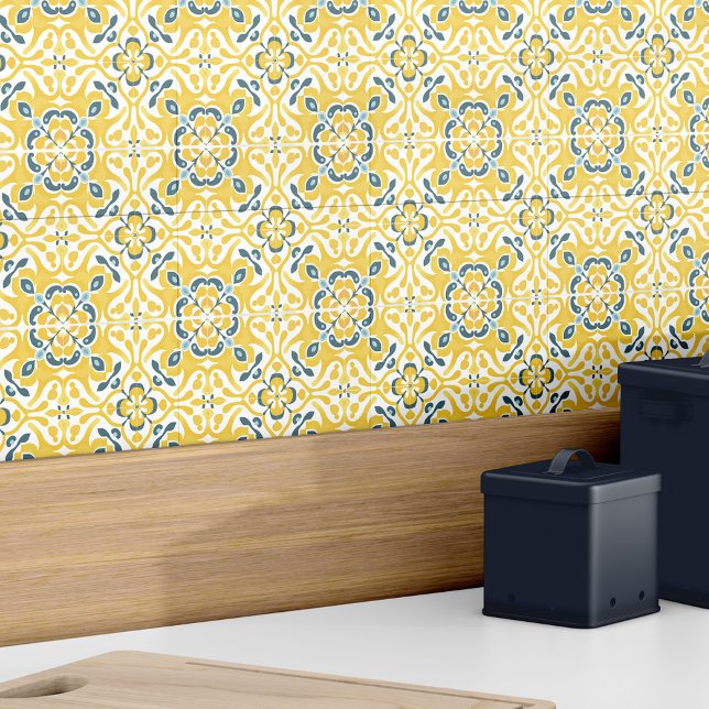 Modern Elegant Yellow Teal Spanish Azulejo Pattern Tile (Modern Elegant Yellow Teal Spanish Azulejo Pattern Ceramic Tile)