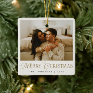 Modern Elegent Typography Merry Christmas Photo Ceramic Ornament