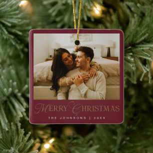 Modern Elegent Typography Red Christmas Photo Ceramic Ornament