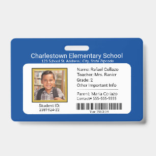 Modern Elementary School Student ID Badge blue