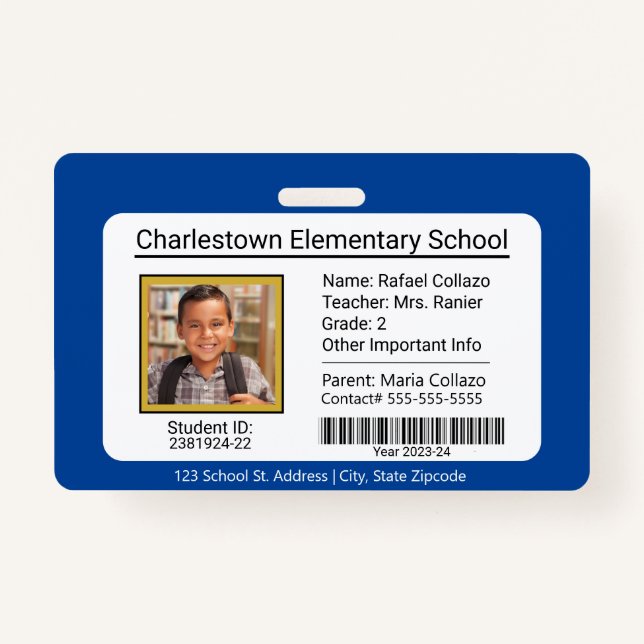 Modern Elementary School Student ID Badge blue (Front)