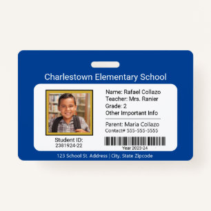 Modern Elementary School Student ID Badge blue