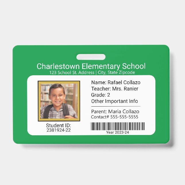 Modern Elementary School Student ID Badge Green (Front)