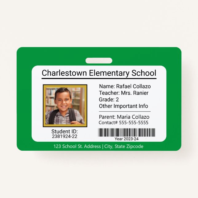 Modern Elementary School Student ID Badge Green (Front)