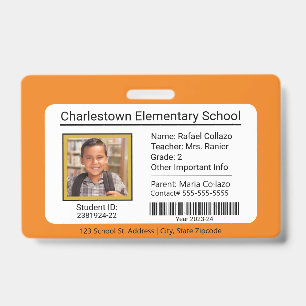 Modern Elementary School Student ID Badge Orange