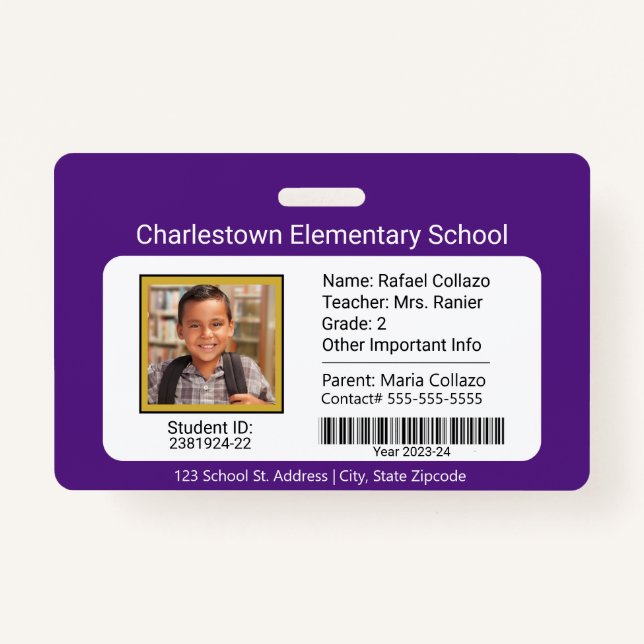 Modern Elementary School Student ID Badge Purple (Front)