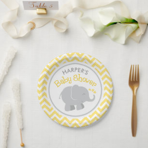 Modern Elephant Baby Shower Yellow and Grey Paper Plate