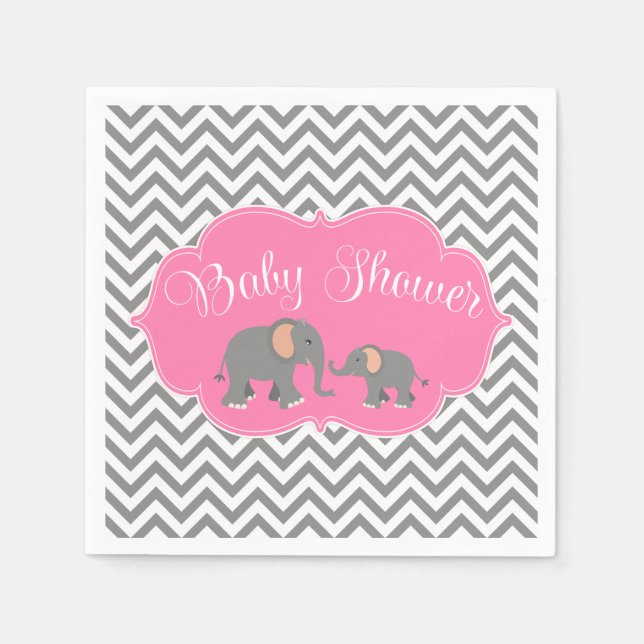 Modern Elephant Chevron Pink Grey Baby Shower Napkin (Front)