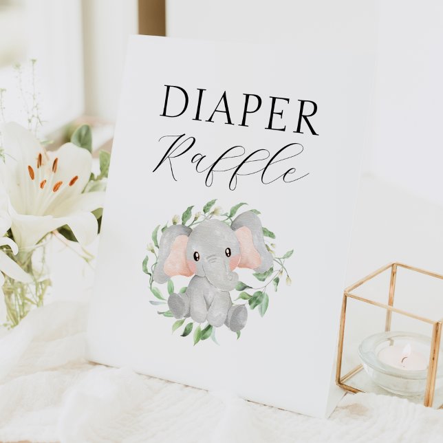 Modern Elephant Greenery Baby Shower Diaper Raffle Pedestal Sign (Creator Uploaded)