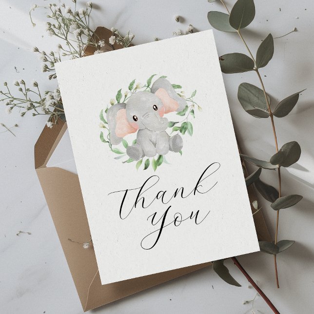 Modern Elephant Greenery Baby Shower Thank You Card (Creator Uploaded)