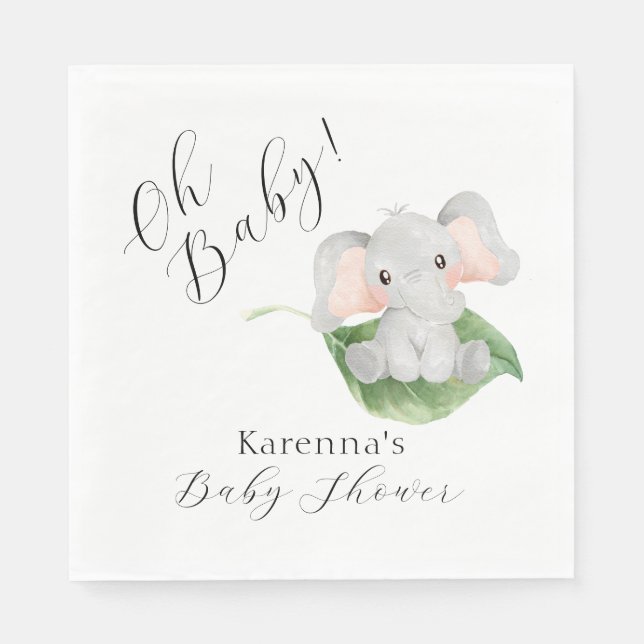Modern Elephant Greenery Oh Baby Shower Napkin (Front)