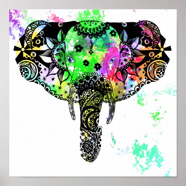 Modern elephant mandala rainbow paint splatter poster (Front)