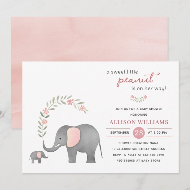 Modern Elephant Pink Floral Girl Baby Shower   Invitation (Front/Back)
