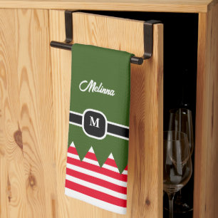 Modern Elf Pine Green Holiday Monogram Kitchen Towel