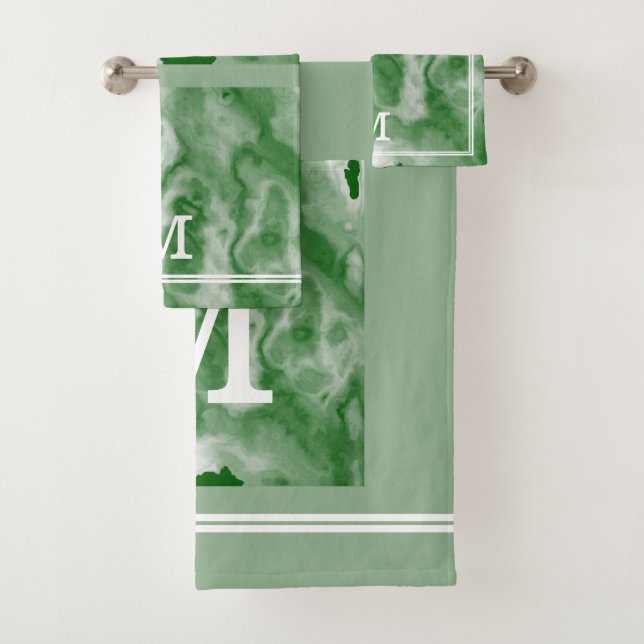 Modern Emerald And Sage Green Marble Monogrammed Bath Towel Set (Insitu)