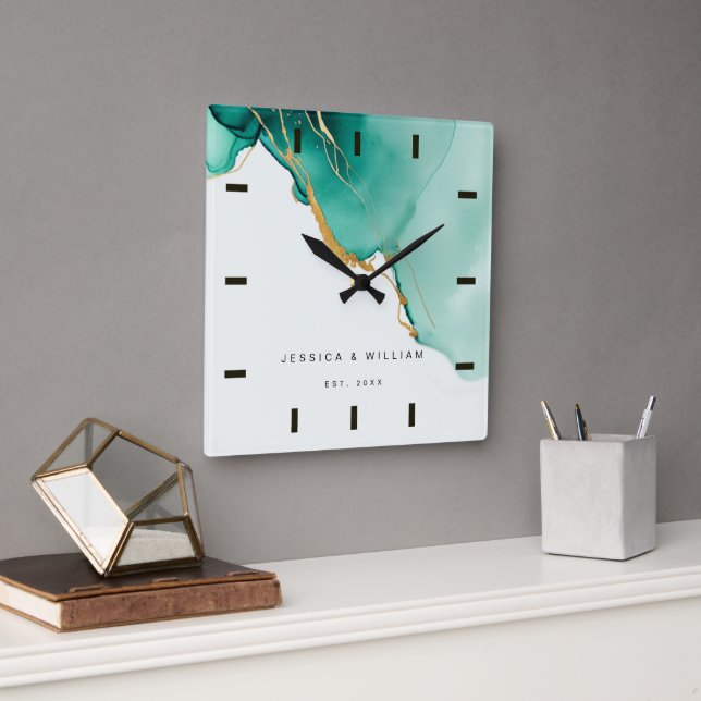 Modern Emerald Beach Wedding Anniversary Keepsake Square Wall Clock (Office)