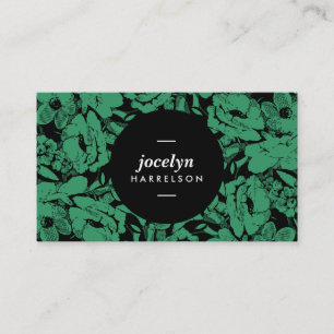 Modern Emerald Flowers Black Circle Business Card