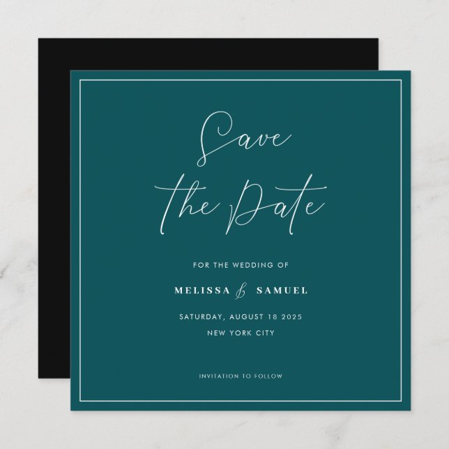 Modern Emerald Frame Handwritten Script Wedding Save The Date (Front/Back)