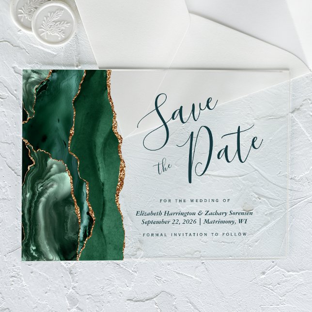 Modern Emerald Gold Agate Green Save the Date Card Acrylic Invitations (Creator Uploaded)